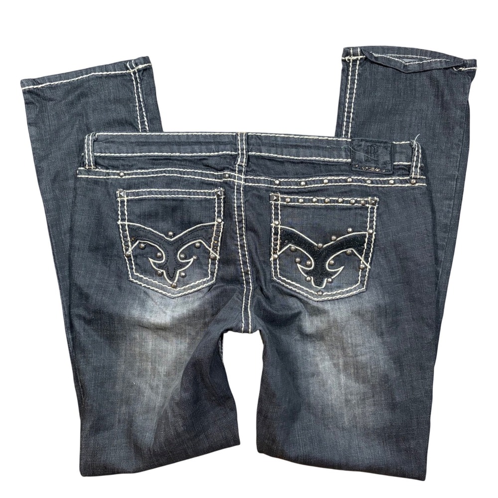 Y2K Grunge Request Jeans 19/38 Dark Wash Studded Rhinestone Skinny Thick Stitch
